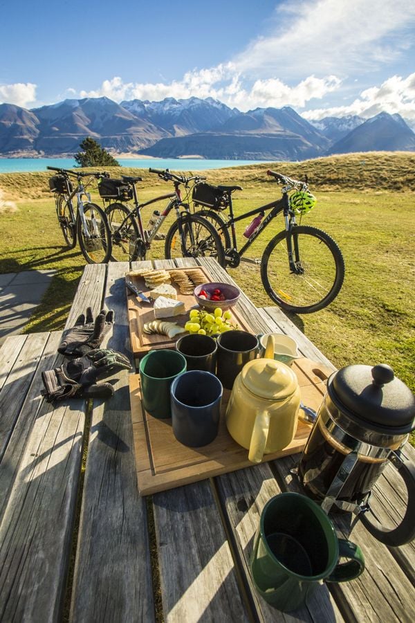 Picnic in New Zealand, during the Alps to Ocean Trail adventure.
